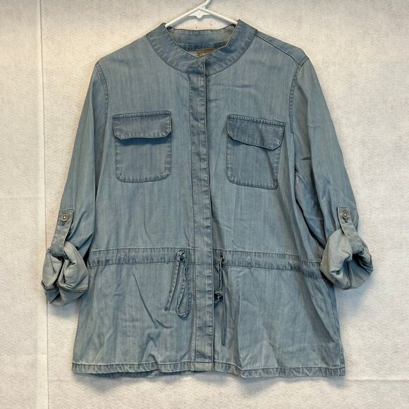 CHICO'S Shirt Womens Size 2 Blue Chambray Roll Tab Sleeve Button Down Drawstring - Picture 2 of 14